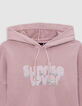 Sweat rose cropped à capuche message pailleté fille-4