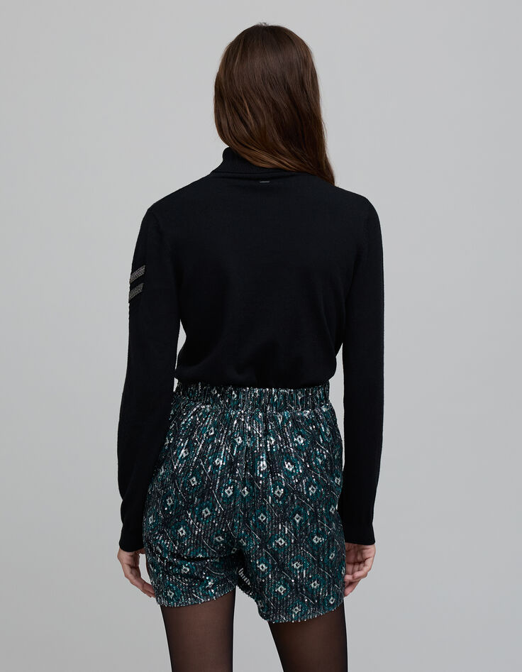Women's black sequin-embroidered geometric print shorts-3 Women's black sequin-embroidered geometric print shorts-3