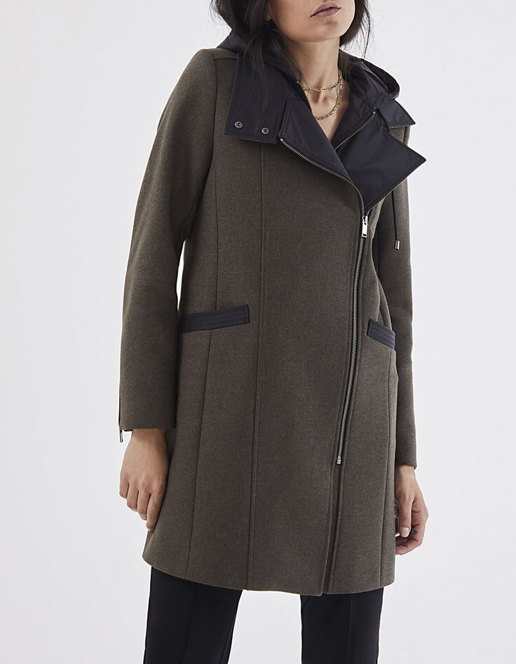 Manteau mi- long kaki majorité laine capuche amovible femme-2