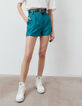 Short taille haute en cuir certifié bleu émeraude femme-5