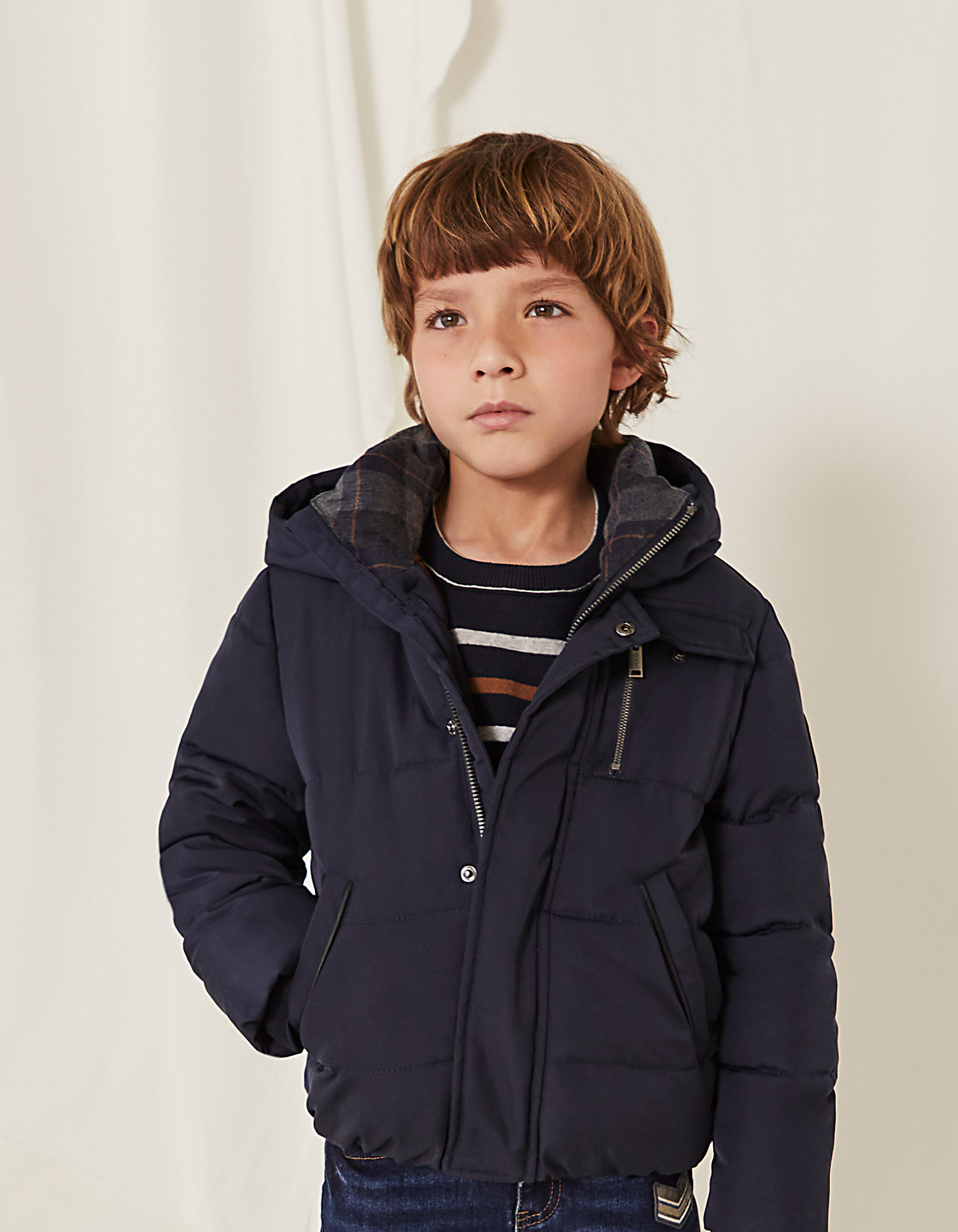 Boys navy check high neck padded jacket IKKS