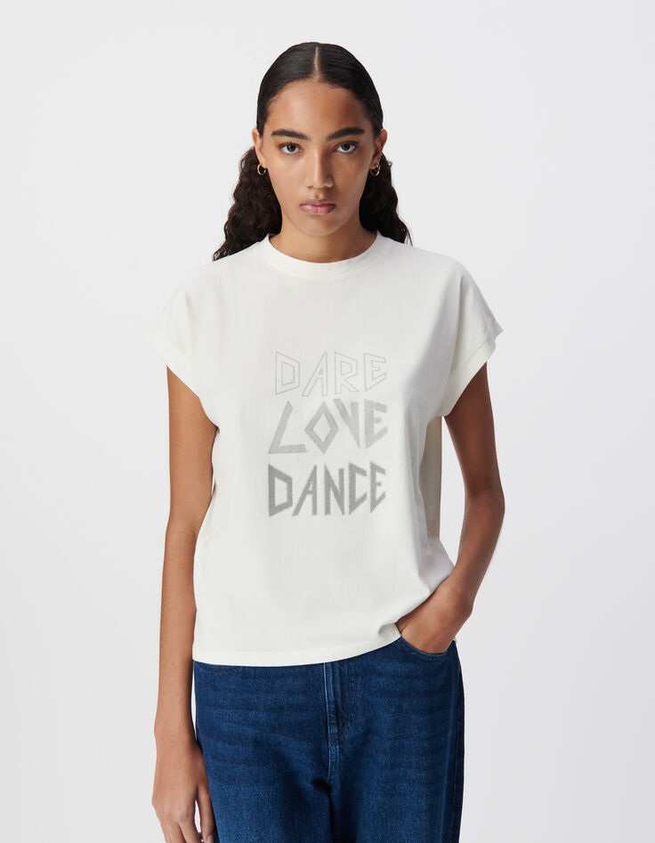 Weißes T-Shirt, Rundhals, Glitzerrand-2