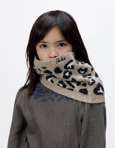 Girls’ beige knit snood with leopard motif - IKKS