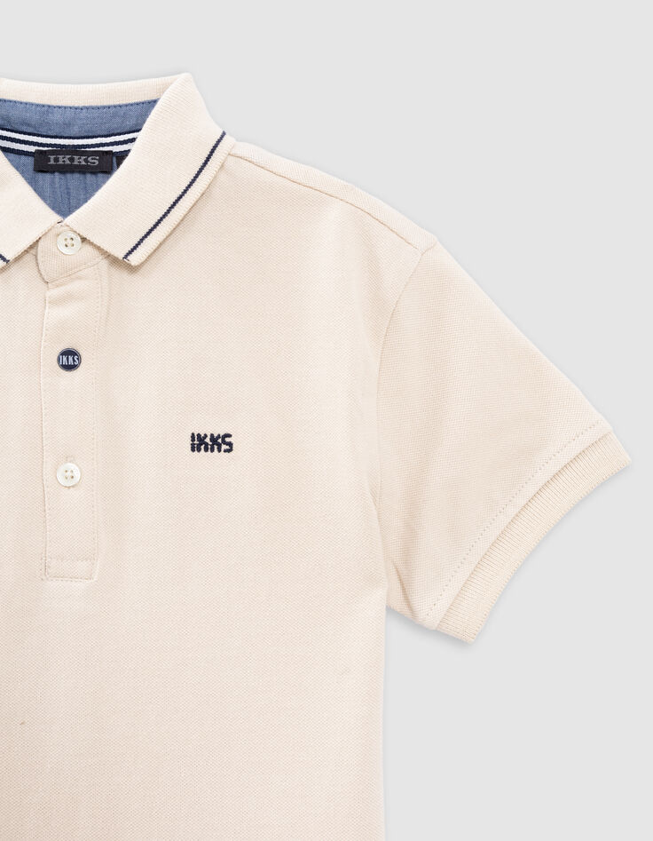 Boys’ beige organic cotton polo shirt with striped collar-6