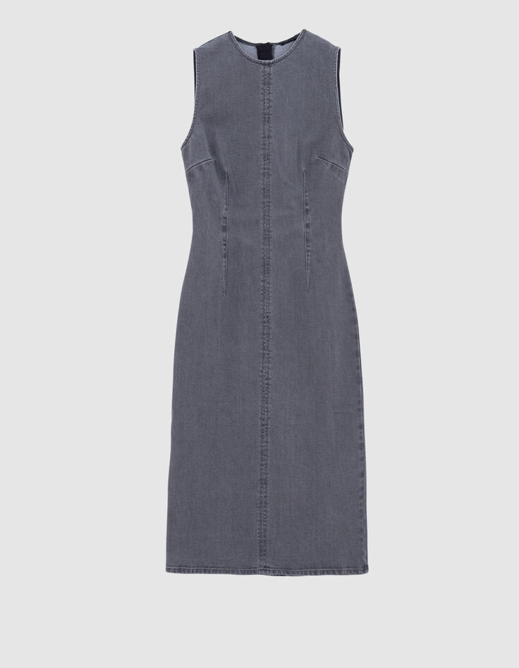Mouwloze grijze denim jurk met split Dames-6