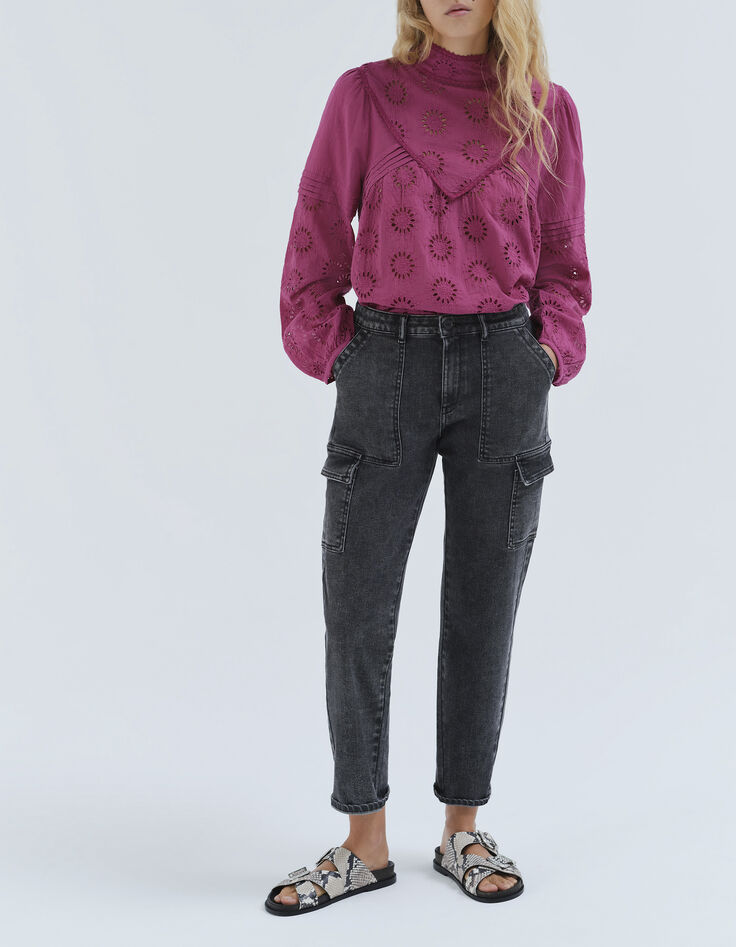 Blouse rose en coton bio broderie fleur femme-5