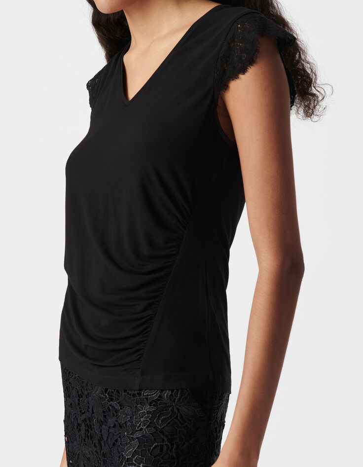 Tee-shirt noir manches dentelle festonnée Femme-4