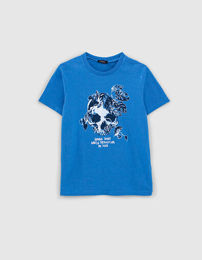 Camiseta azul medio orgánico calavera vegetal niño  - IKKS