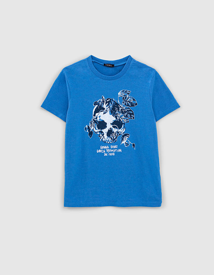 Camiseta azul medio orgánico calavera vegetal niño -1