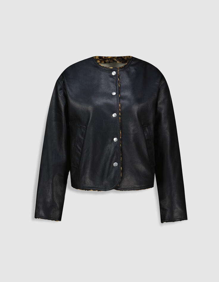 Veste r&eacute;versible noire et motif l&eacute;opard Femme-7