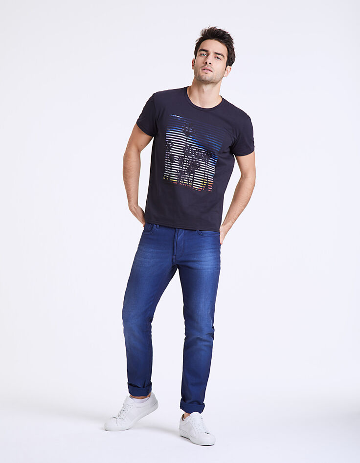 Camiseta marina con foto de palmeras y rayas Hombre-7