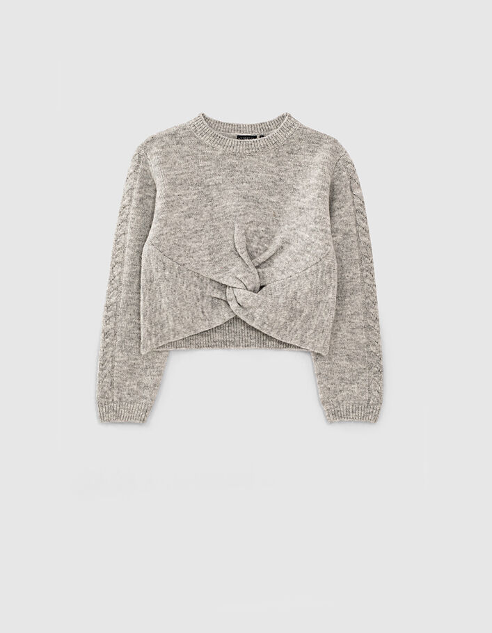 Girls’ mid-grey marl knit sweater with twisted bow - IKKS