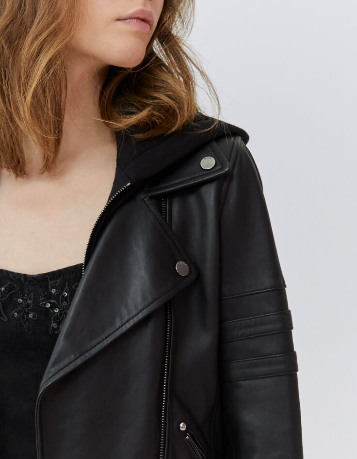 Zwart leren jasje bikerstijl afneembaar beleg Dames-5