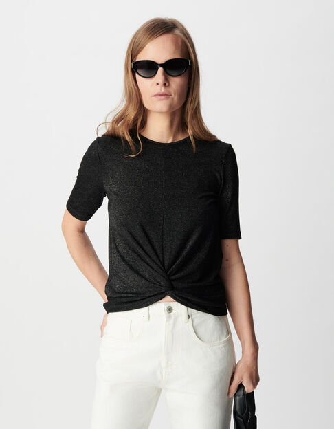 Camiseta negra de lentejuelas con efecto drapeado y lazo Mujer - IKKS