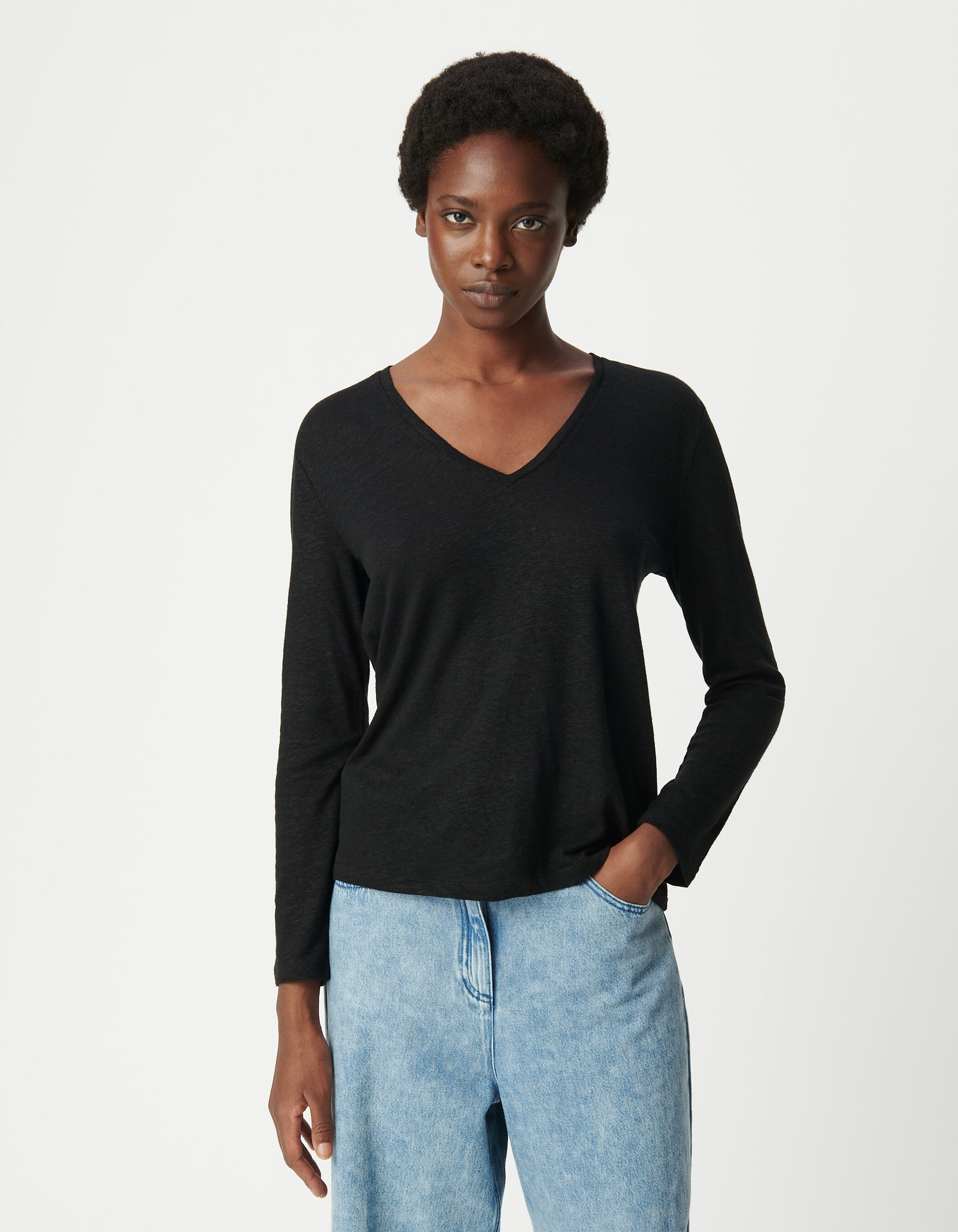 Tee shirt noir manches longues lin melange Femme IKKS
