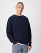 Marineblauwe herentrui met boothals en honingraatpatroon-2