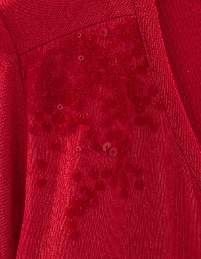 T-shirt rouge en viscose détails broderie sequins épaules femme-2