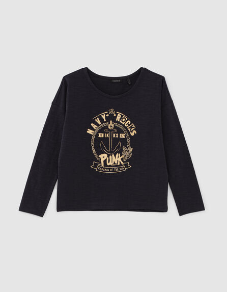 Girls’ dark navy T-shirt, anchor and gold embroidery