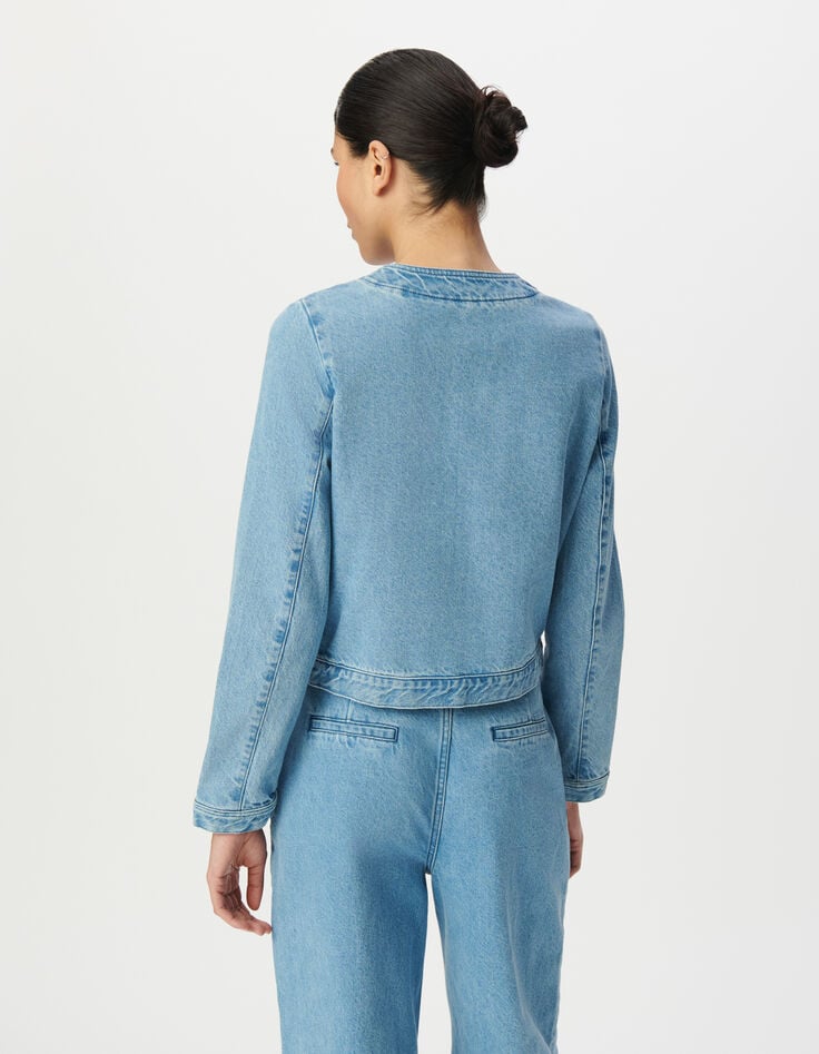Veste en jean bleu waterless sans col Femme-3 Veste en jean bleu waterless sans col Femme-3