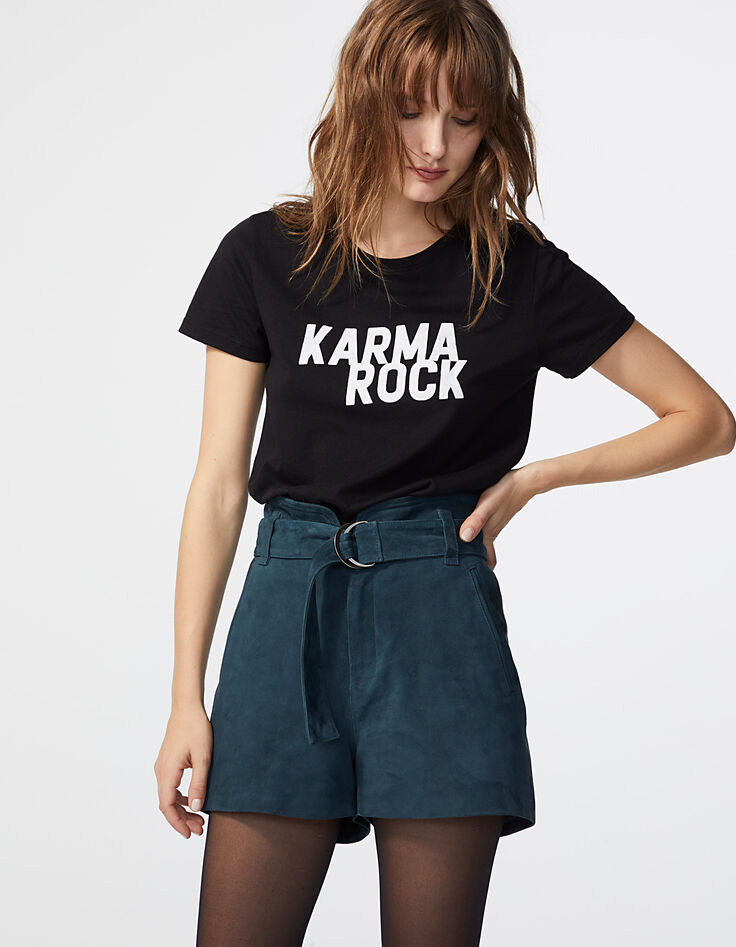 Tee-shirt noir en coton modal visuel Karma Rock femme-2