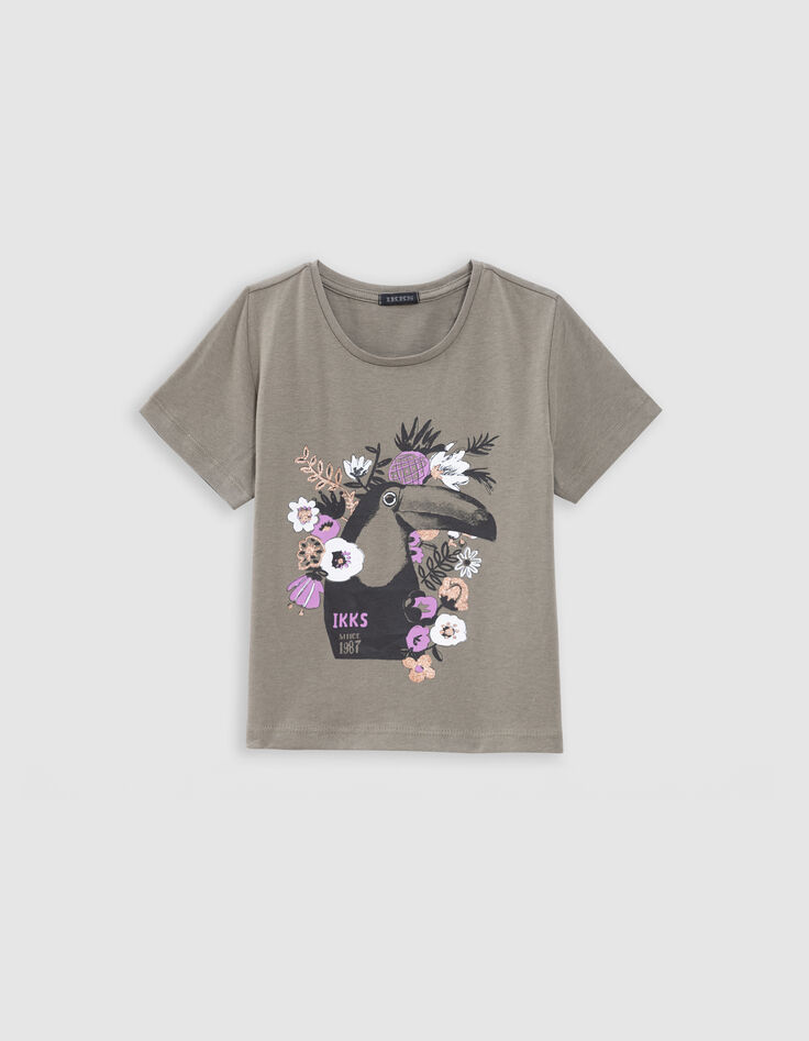 T-shirt kaki coton bio toucan-fleurs fille-1