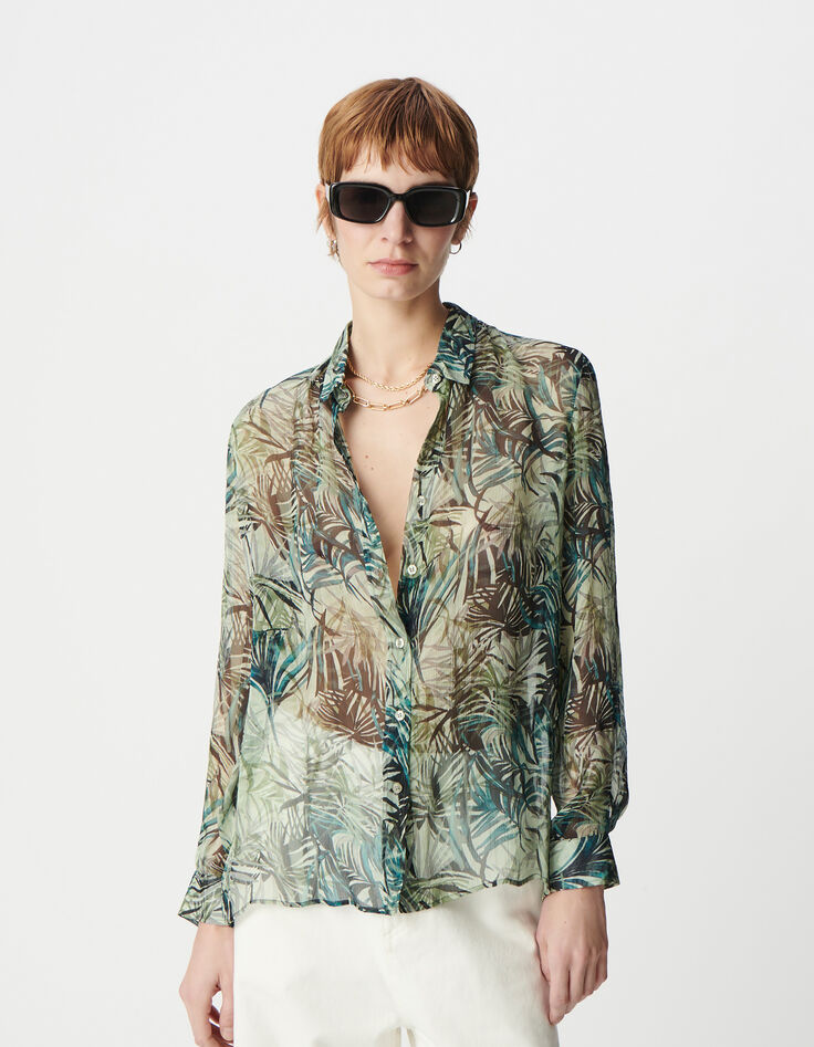 Women's turquoise foliage print shirt-2