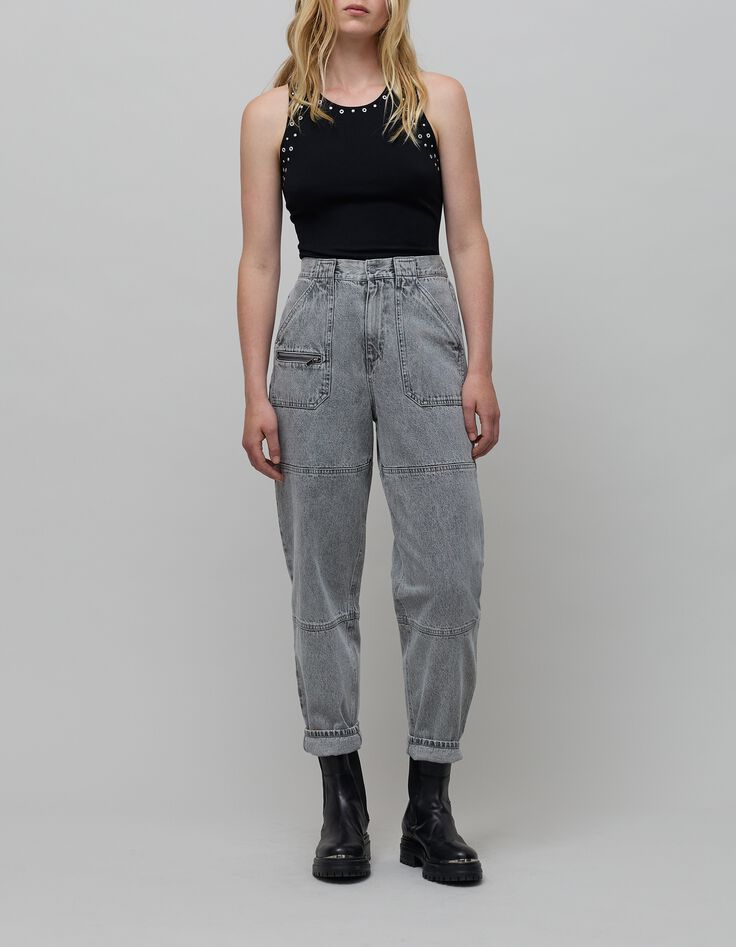 Vaqueros rectos grises de talle alto cremallera -6
