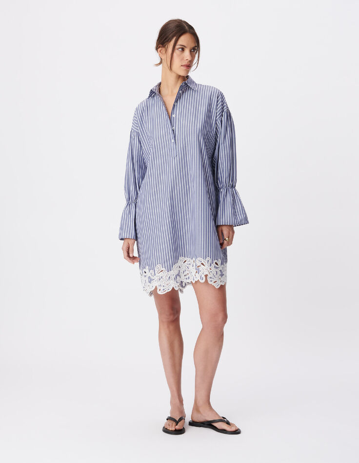 Blue striped shirt dress with lace for women-2