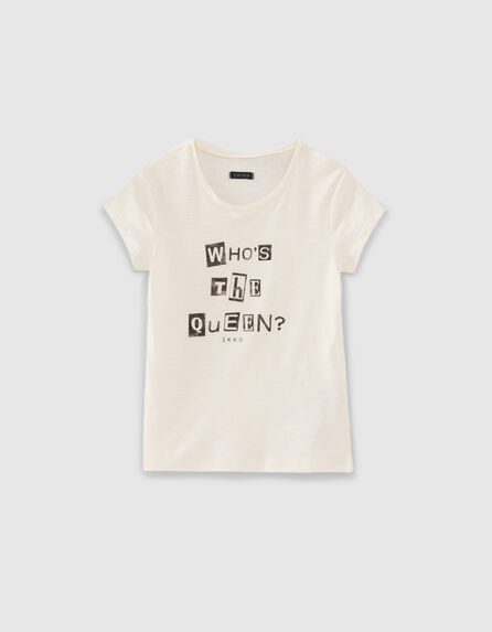 Ecru T-shirt biokatoen met tekst met scrunchie meisjes