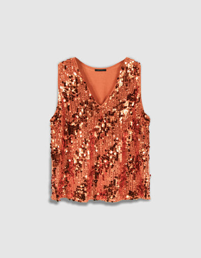 Sequin sleeveless top in pumpkin orange for women - IKKS