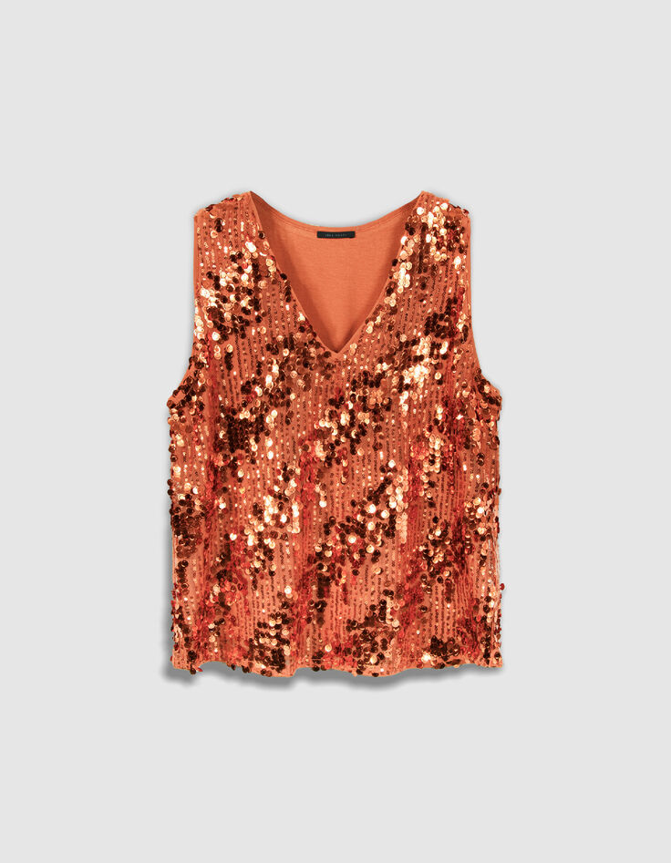 Sequin sleeveless top in pumpkin orange for women-1