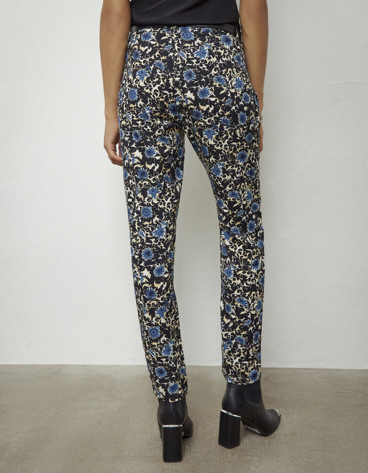 Pantalón recto crepé estampado flores azules mujer-2 Pantalón recto crepé estampado flores azules mujer-2