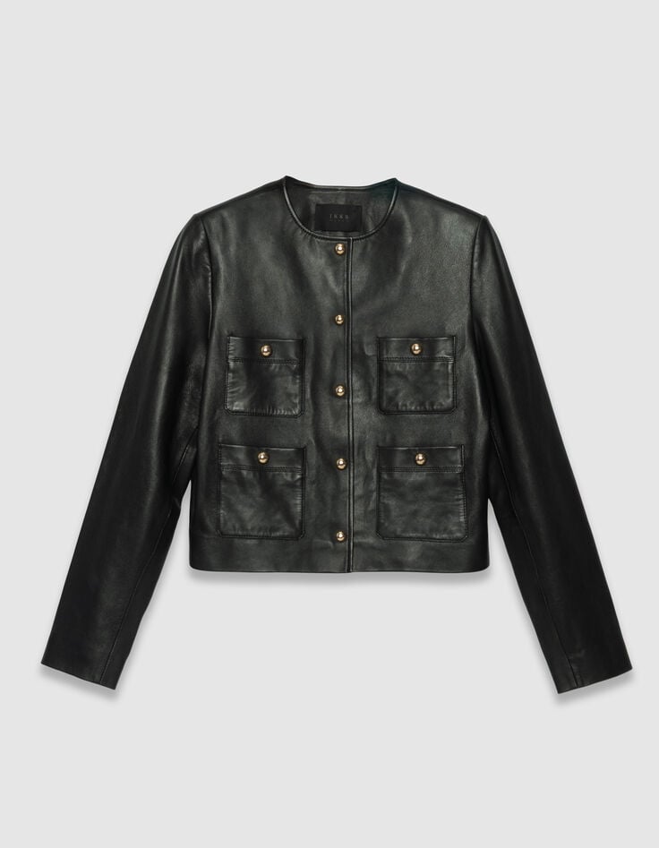 Kurze, schwarze Damenlederjacke vier aufgesetzte Taschen-6 Kurze, schwarze Damenlederjacke vier aufgesetzte Taschen-6