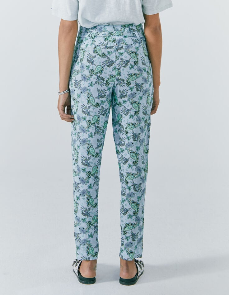 Pantalon en viscose imprim&eacute; cachemire turquoise femme-3