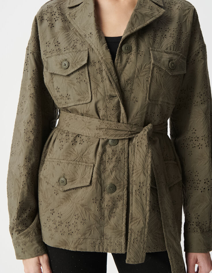 Women's organic cotton khaki safari jacket with broderie anglaise embroidery-5