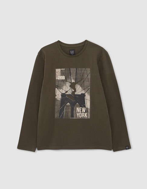 Boys’ khaki skateboarder Brooklyn bridge organic T-shirt