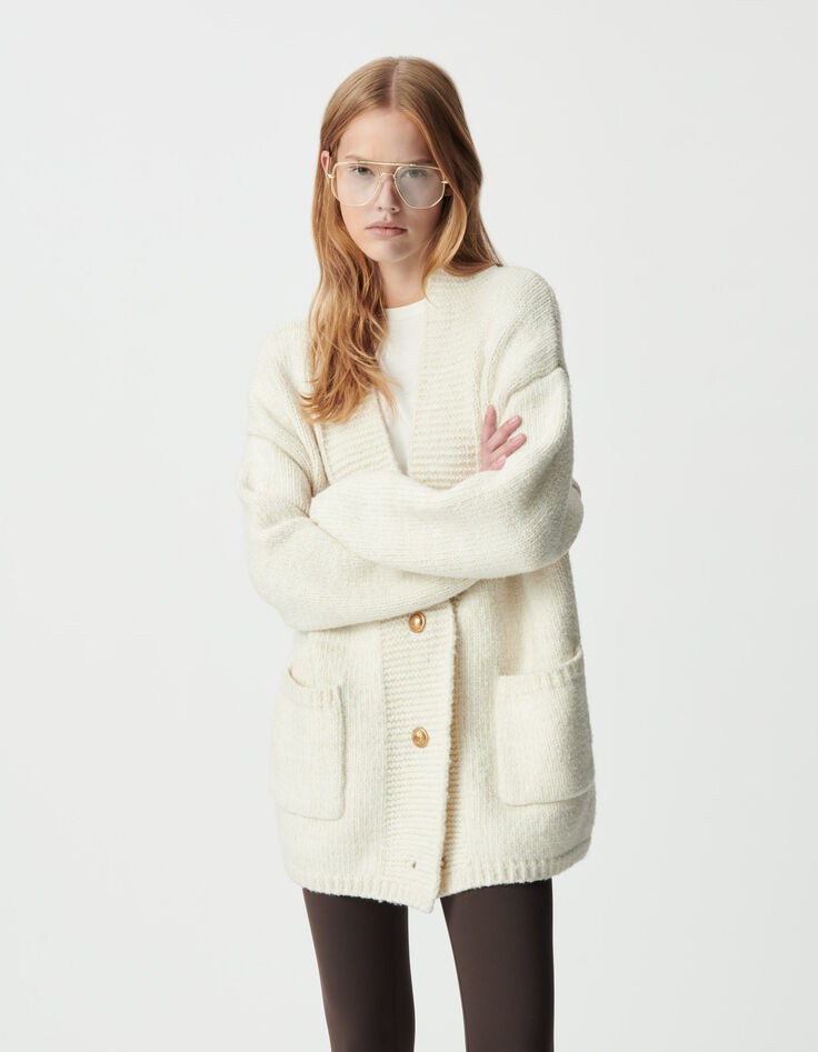 Ecru Damen-Strickjacke, goldfarbener Lurex Loose-Fit-3