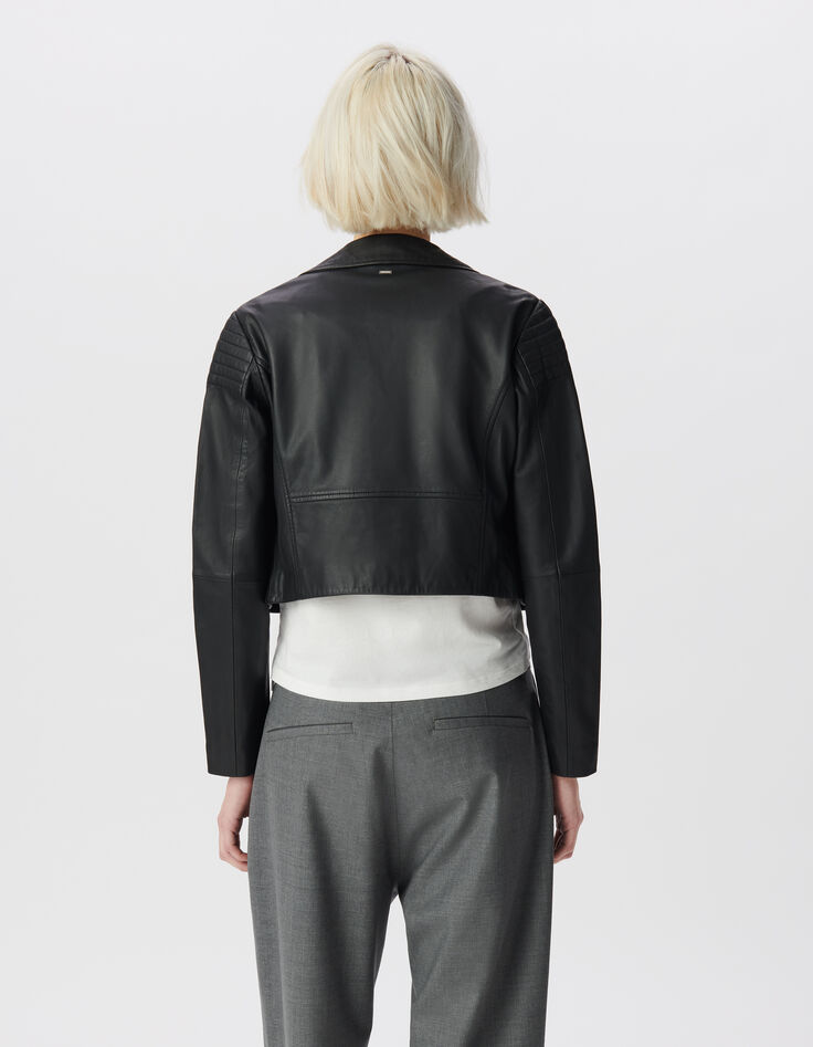 Blouson court en cuir d'agneau épaules matelassées femme-3