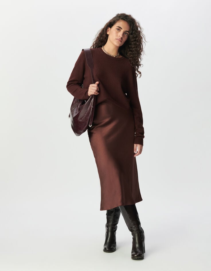 Jupe midi marron satiné Femme-1 Jupe midi marron satiné Femme-1