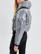 Kurze, schwarze Damensteppjacke mit verdeckter Kapuze-4
