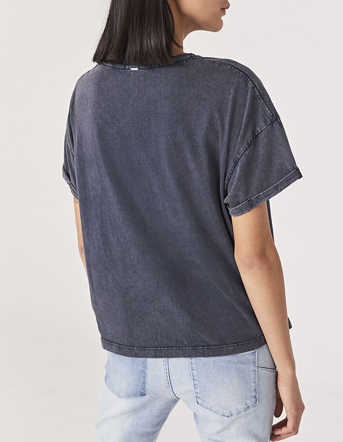 Women’s grey worn-out organic cotton T-shirt, white slogan - IKKS
