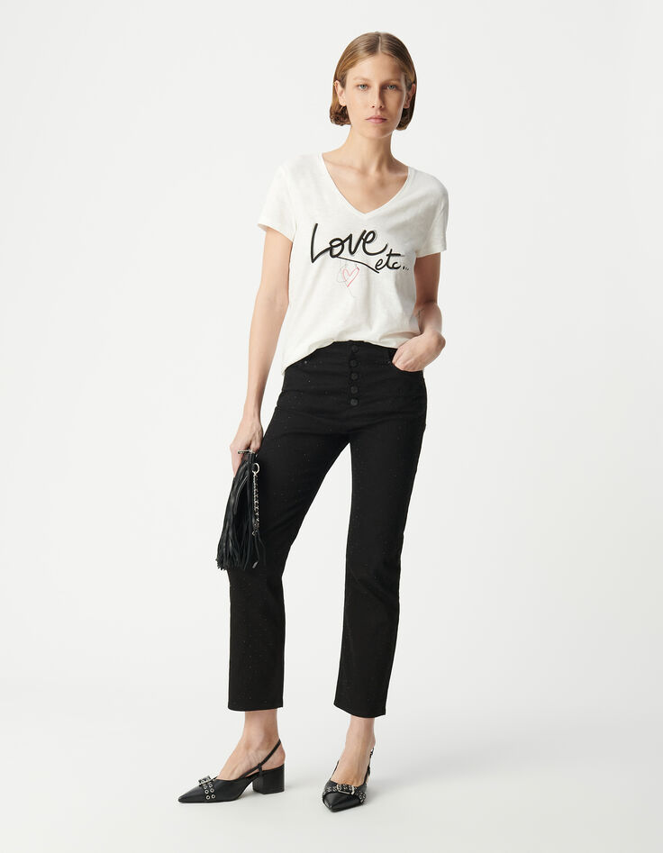 Tee-shirt col V blanc coton bio message Femme-1