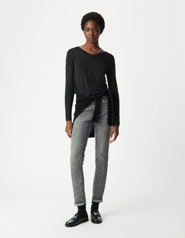 Tee-shirt noir paillet&eacute; encolure tress&eacute;e Femme-2