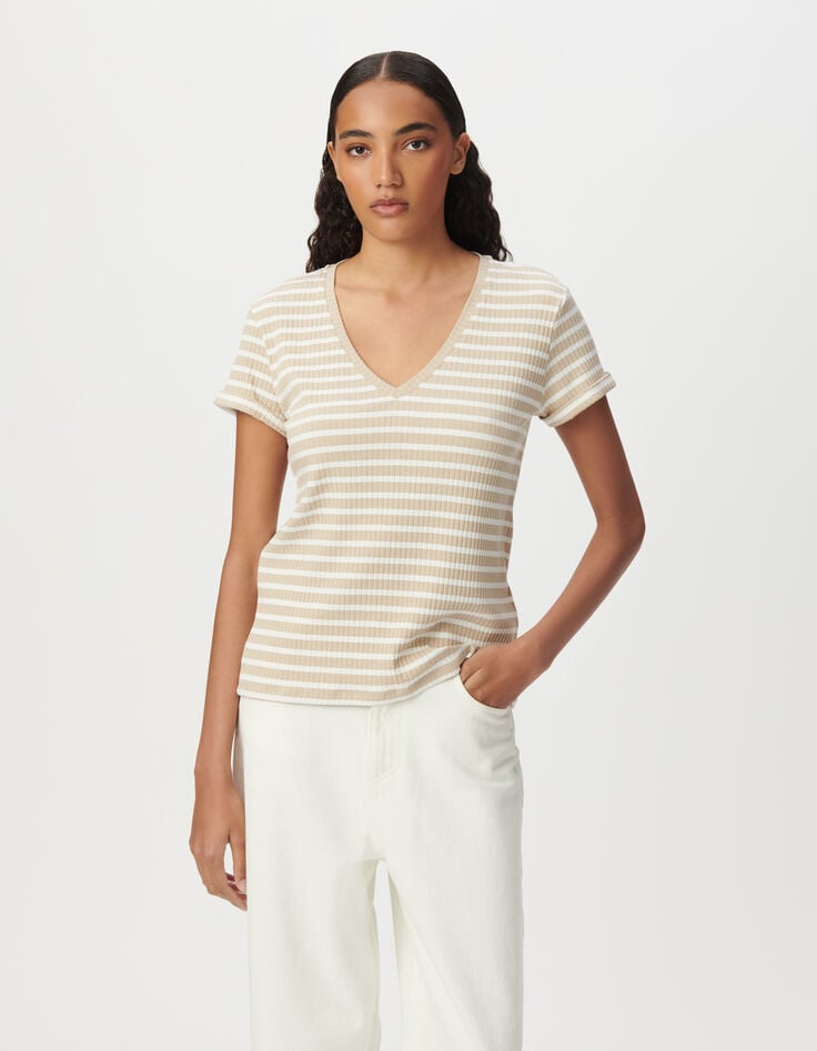Camiseta beige rayas crudo acanalada-2 Camiseta beige rayas crudo acanalada-2