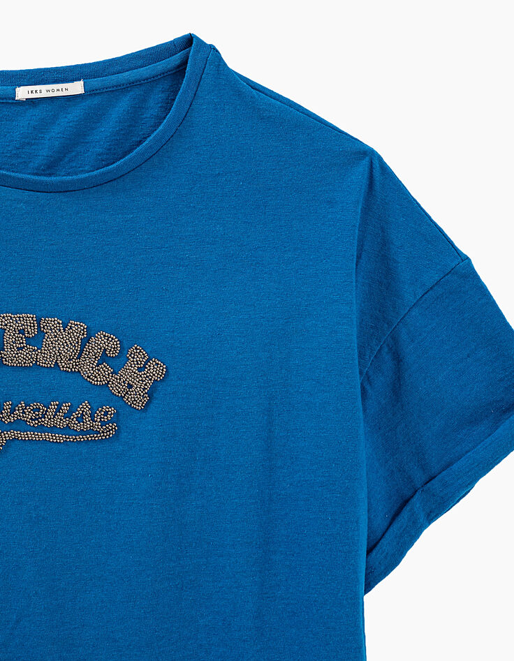 Blaues Damen-T-Shirt aus Baumwolle mit Schriftzug-3