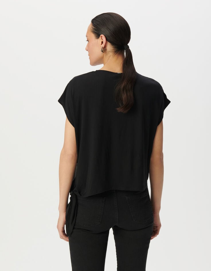 Top noir découpe brodée à nouer côté Femme-3 Top noir découpe brodée à nouer côté Femme-3