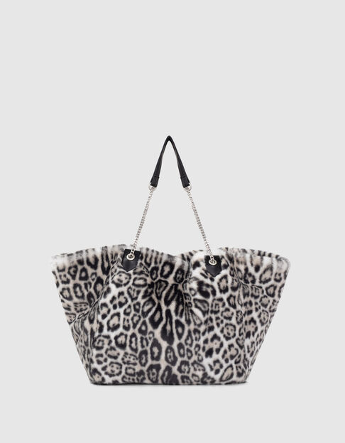Women’s black and white leopard faux fur tote bag