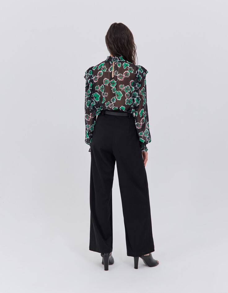 Zwarte wijde broek hoge taille ceintuur Dames-3