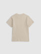 Beiges Jacquard-Jungen-T-Shirt mit gestickter Tasche-5