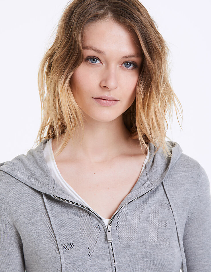 Cardigan zippé gris à capuche visuel Love femme-4 Cardigan zippé gris à capuche visuel Love femme-4